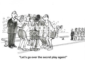 BW cartoon of a basketball team during timeout, the coach is shouting, not whispering, the secret play.